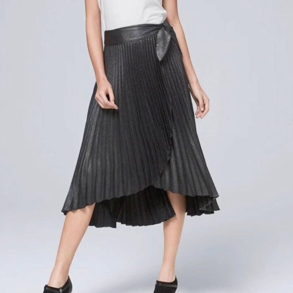 NWT White House Black Market Pleated Wrap Midi Skirt Metallic Black - Picture 2 of 7